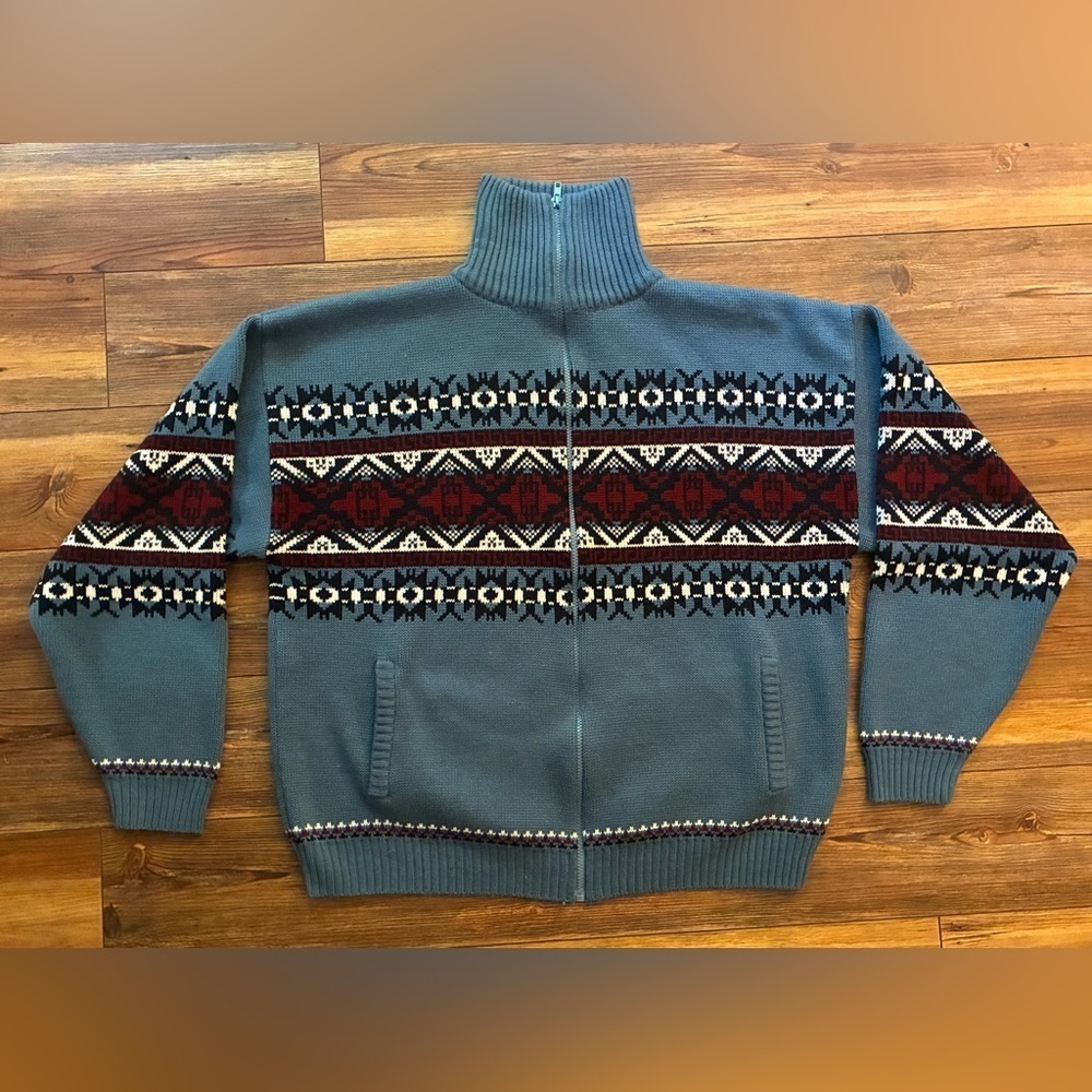 Vintage John Blair Nordic Fair Isle Zip Sweater Jacket Blue Red Geometric XLG - Picture 2 of 12